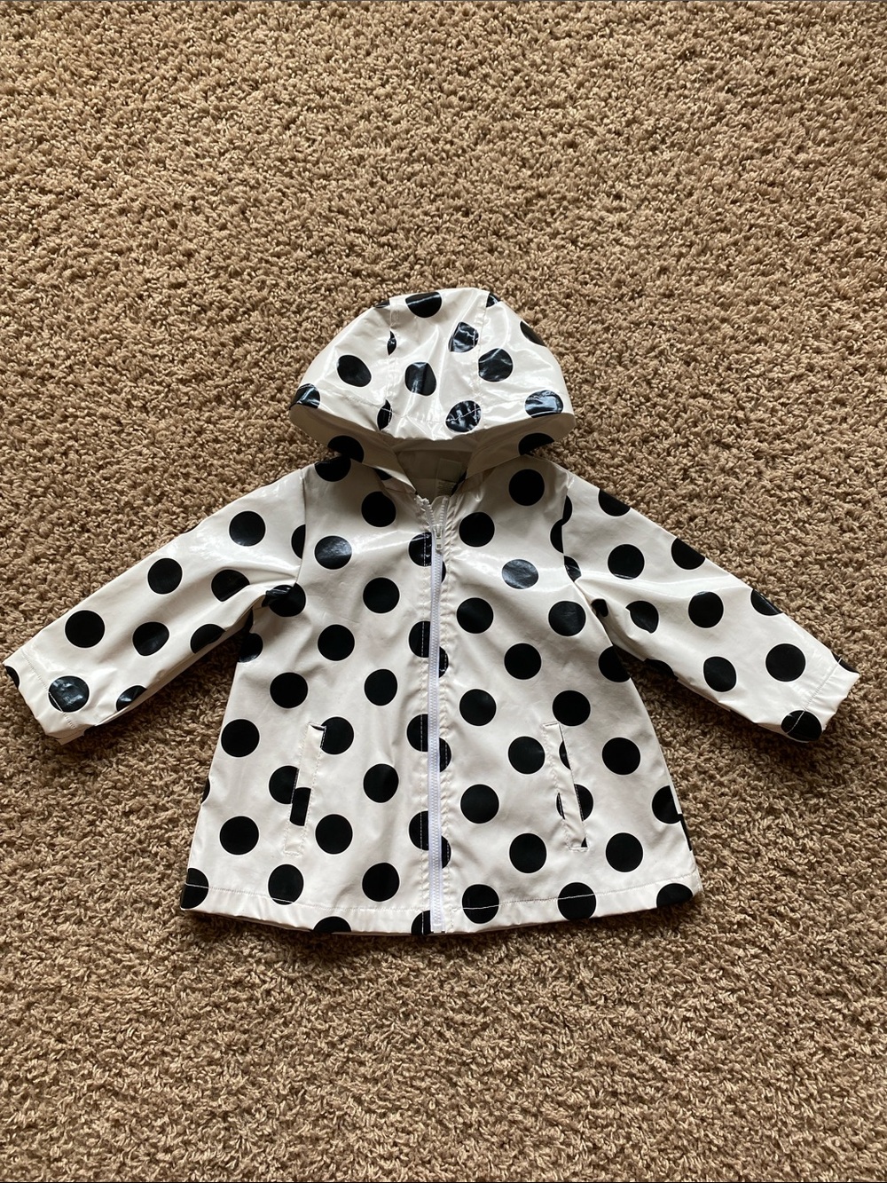 Little Me White Raincoat with Black Polka Dots and Hood